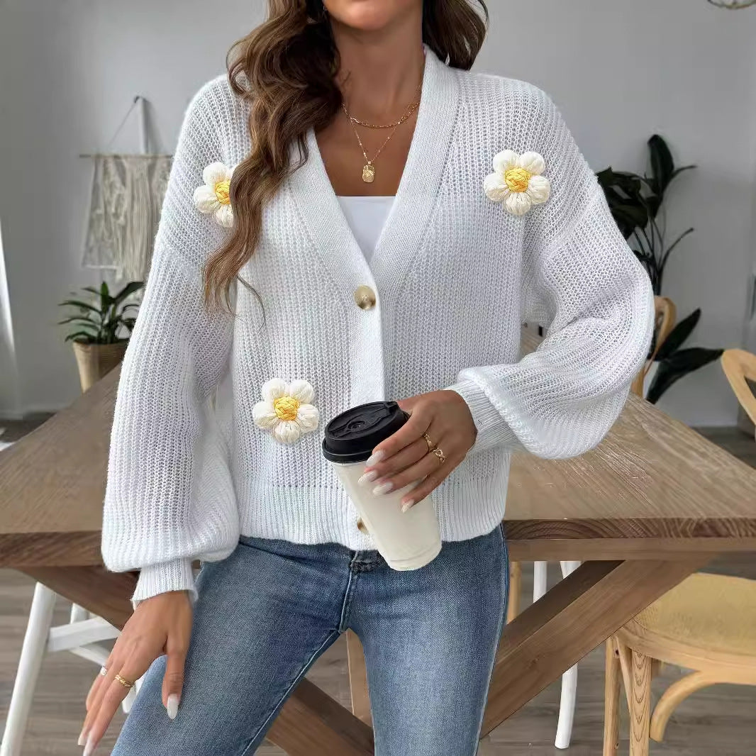 Damer moderigtig strik-Cardigan med innovativt blomstermotiv og ballonærmer Stilla