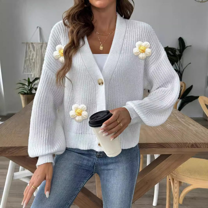 Damer moderigtig strik-Cardigan med innovativt blomstermotiv og ballonærmer Stilla