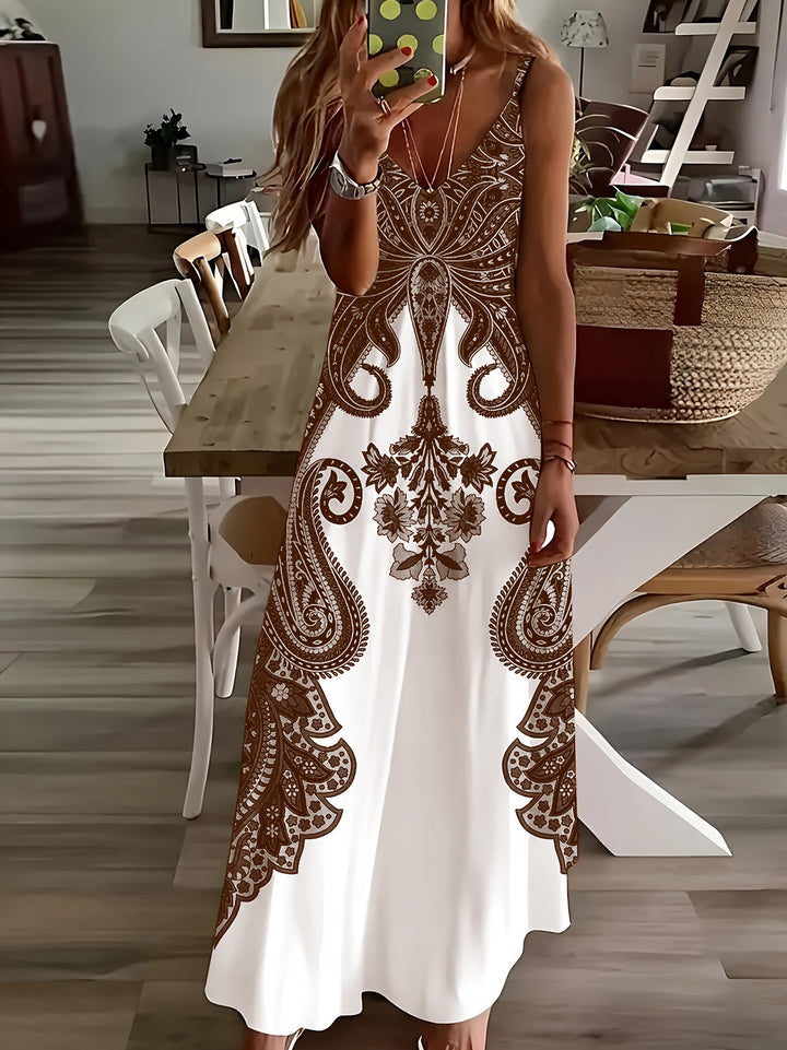 Dame Maxikjole med blomster paisley-design og spaghetti-stropper Stilla