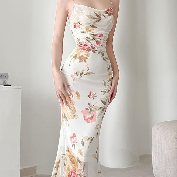Dame Floral Midi Underkjole med Rynkning Stilla
