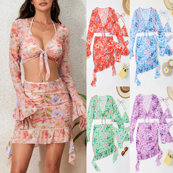Dame badetøj sæt med blomstret design, kort top og vikleskørt Skovae