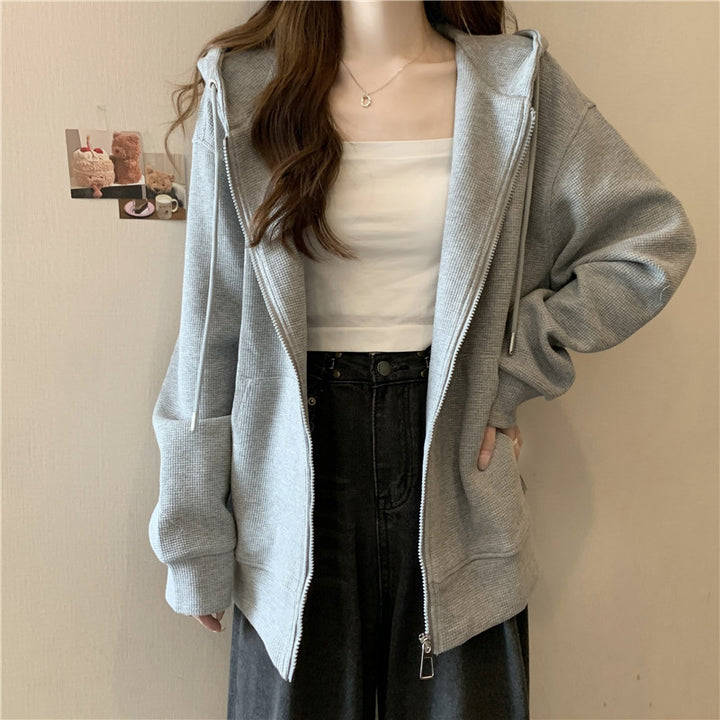 Femme Zip-Up Vaffelstrik Hoodie med Oversized Pasform Stilla