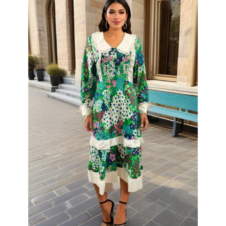 Dame Vintage Floral Patchwork Midi Kjole med Flæse Detaljer Stilla