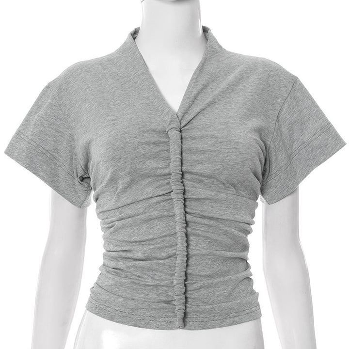 Dame elegant kortærmet top med figursyet drapering Skovae