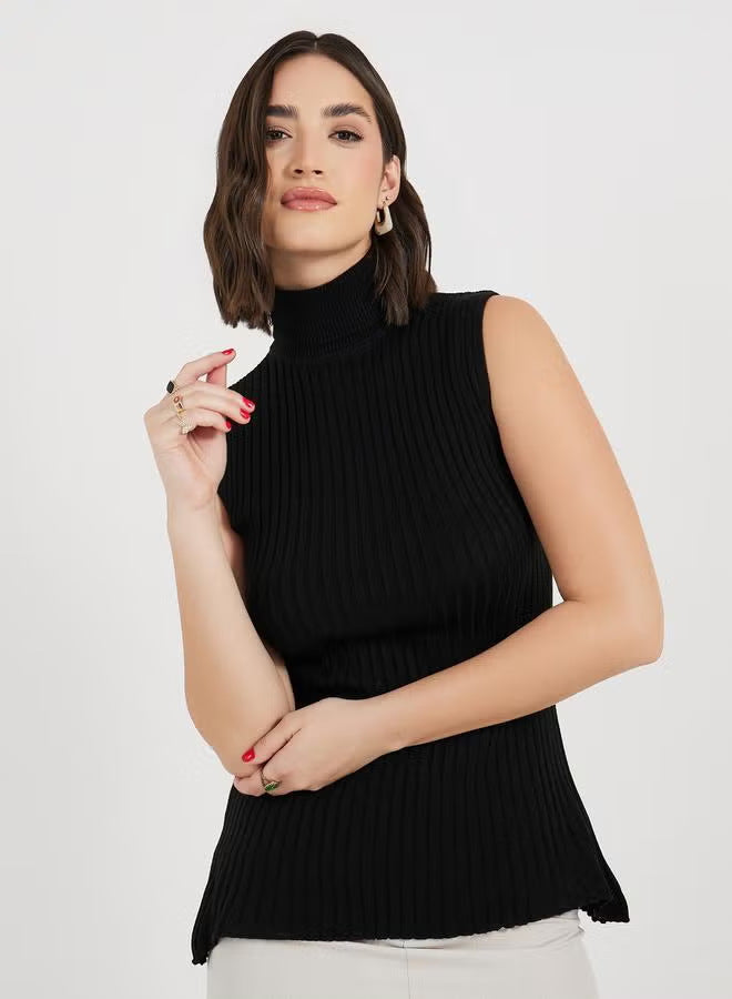 Dame rullekrave sweater uden ærmer med lodret ribmønster Skovae