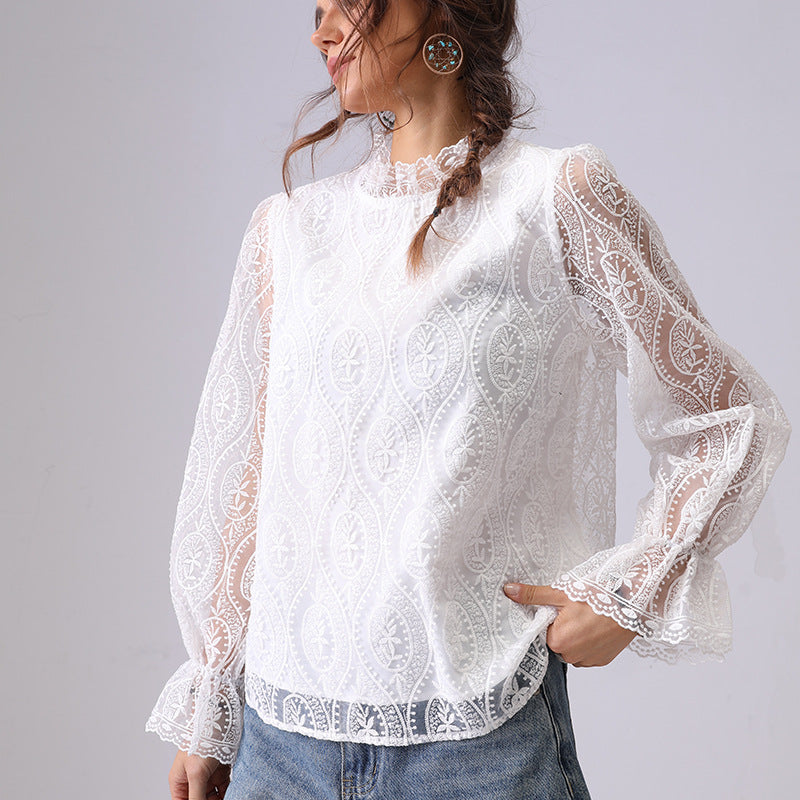 Dame Elegant Spids Overlay Bluse Stilla