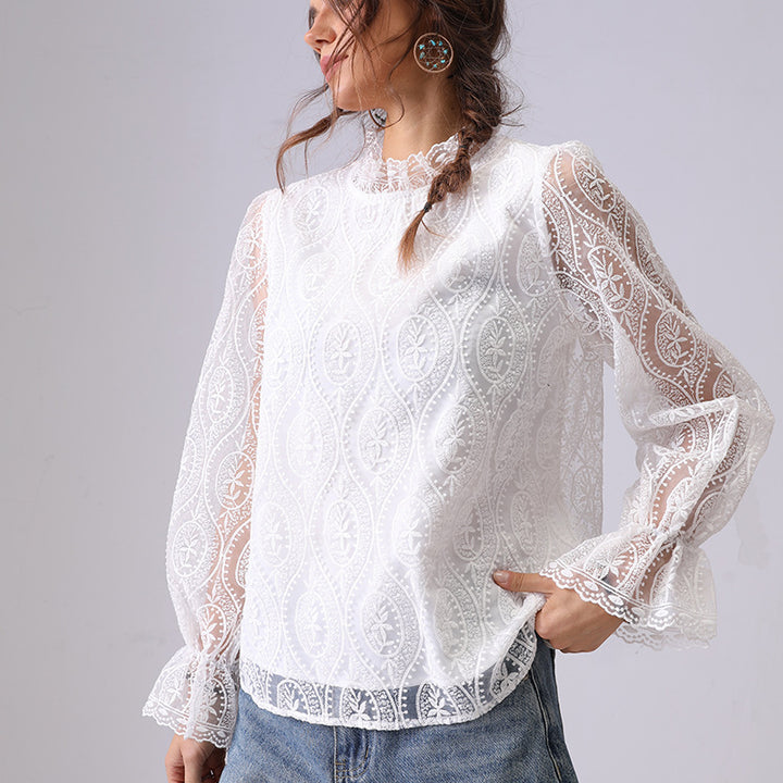 Dame Elegant Spids Overlay Bluse Stilla