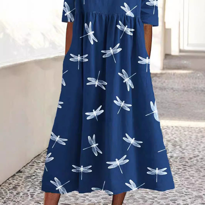Dame Libellen-Print Midi Kjole Stilla