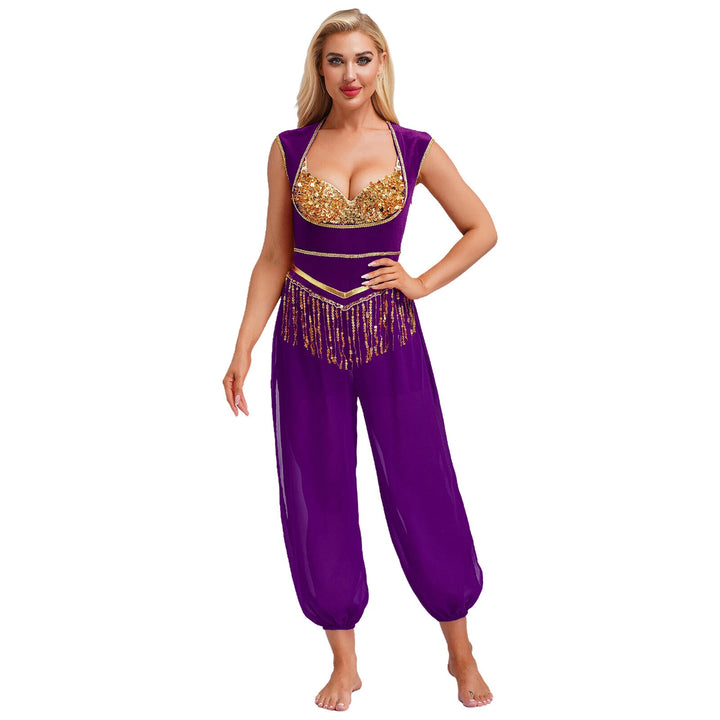 Dame kostume-jumpsuit med glitrende overdel og afslappet bukser Skovae