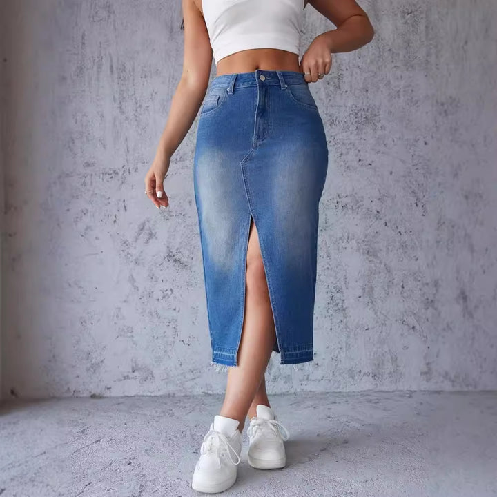 Kvinders Maxi Denim Nederdel med Sideslids og Moderne Frynser Stilla