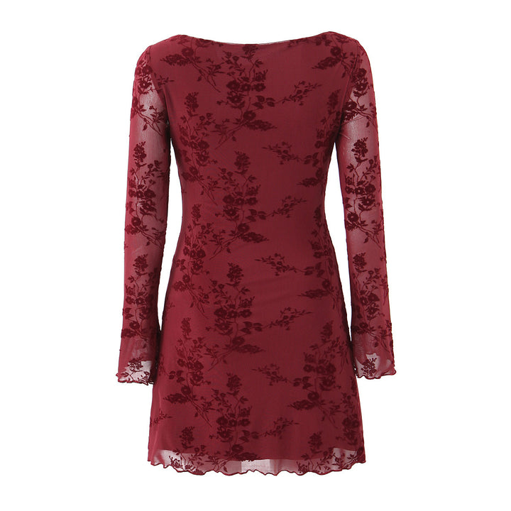 Dame elegant minikjole med floralt spidsdetaljer og lange ærmer Stilla