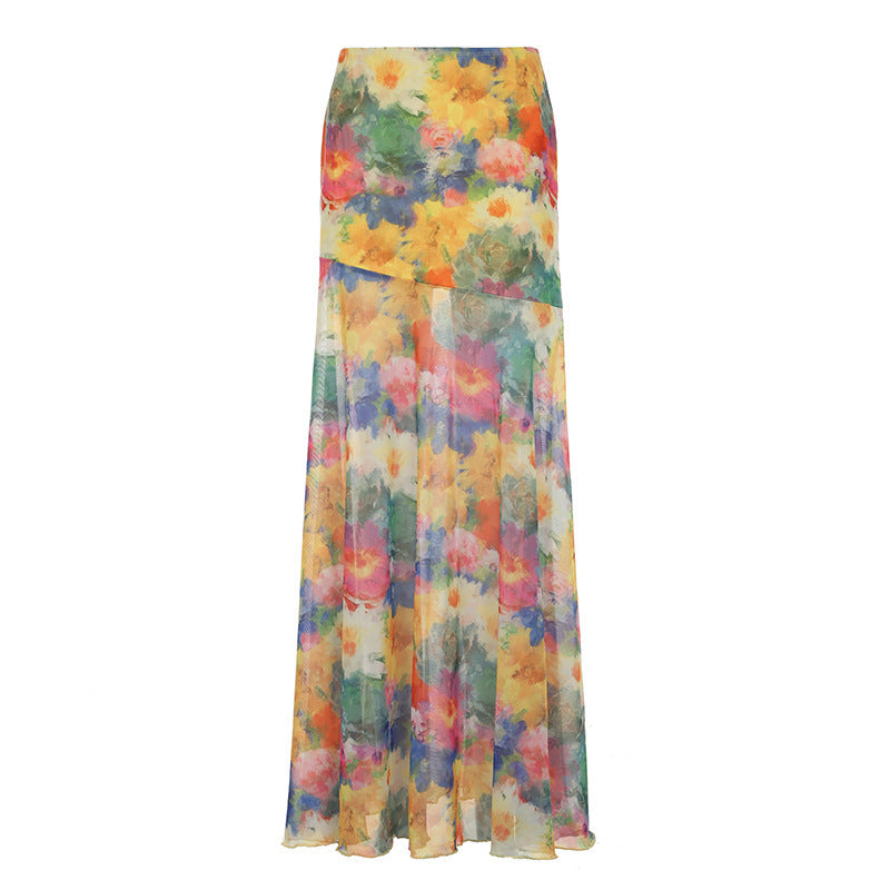 Dame Maxi-nederdel med floralt chiffon-design og svajende kant Skovae