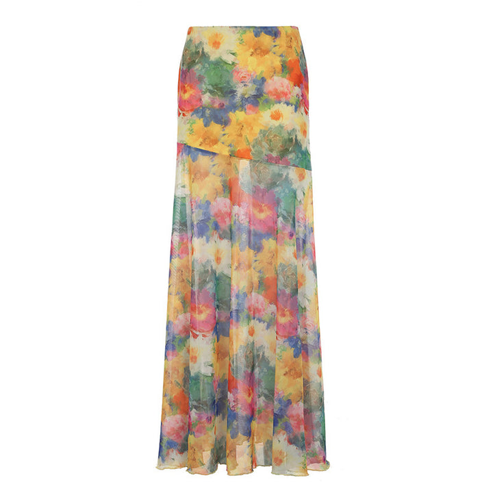 Dame Maxi-nederdel med floralt chiffon-design og svajende kant Skovae