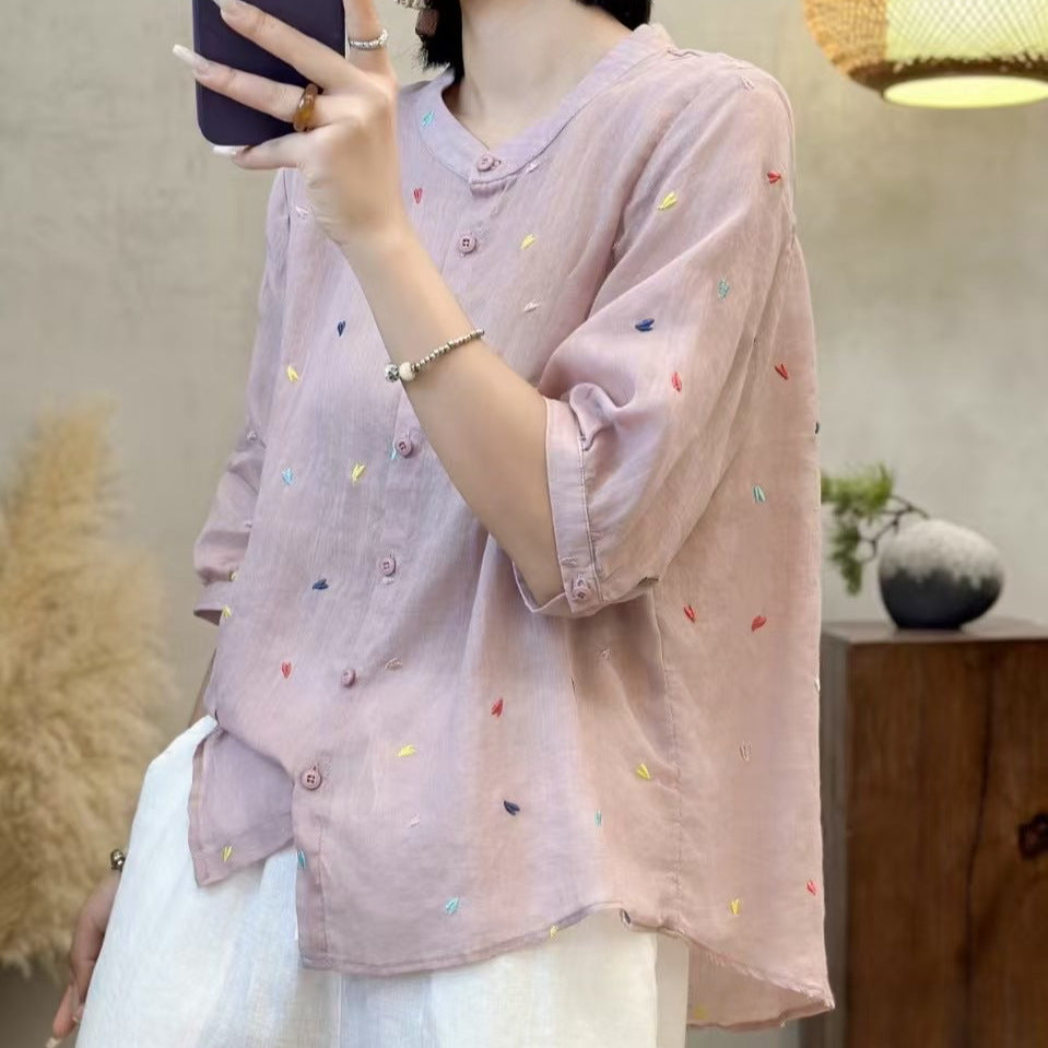 Dame Fritid Let Broderet Button-Up Skjorte Stilla