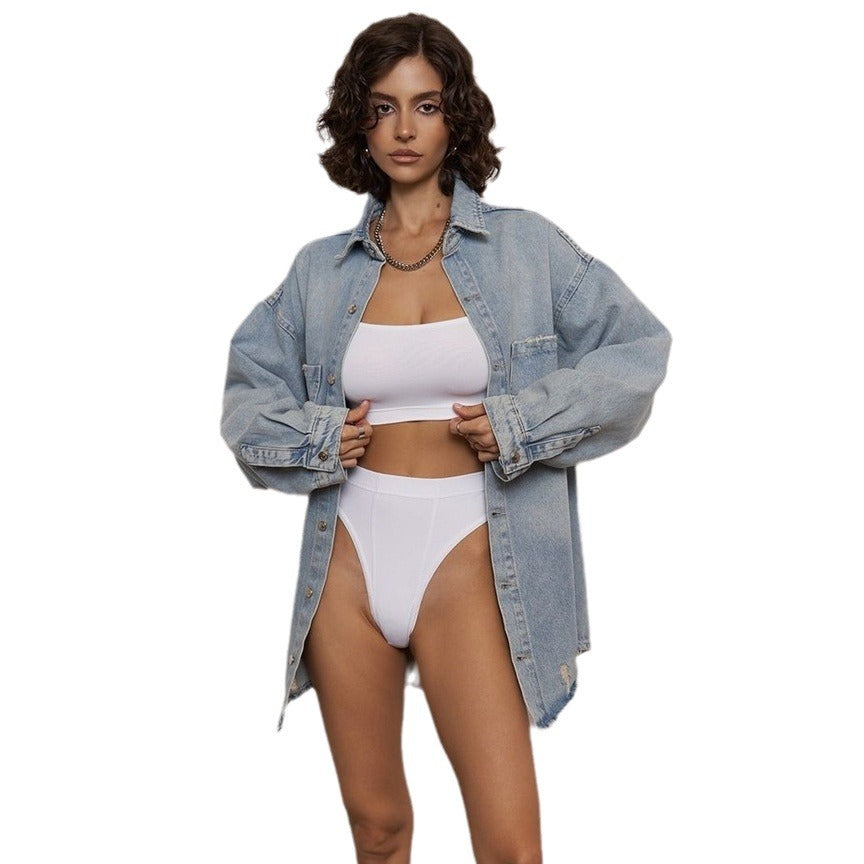 Kvinders Mode Jeans Skjorte Jakke med Slidte Detaljer Stilla