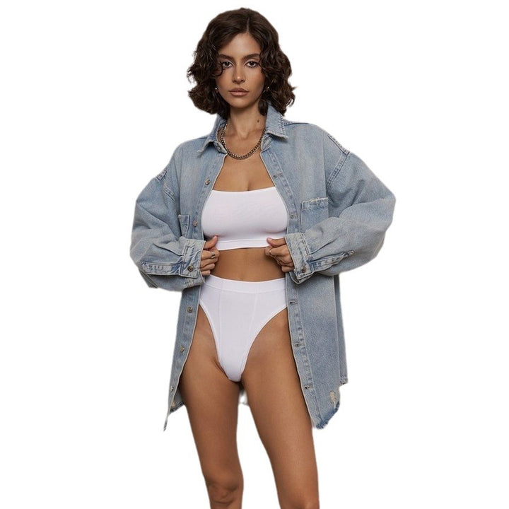 Kvinders Mode Jeans Skjorte Jakke med Slidte Detaljer Stilla