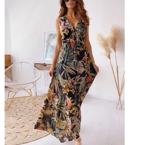 Kvinder Tropical Print Maxi Kjole med justerbart Bindebælte Stilla