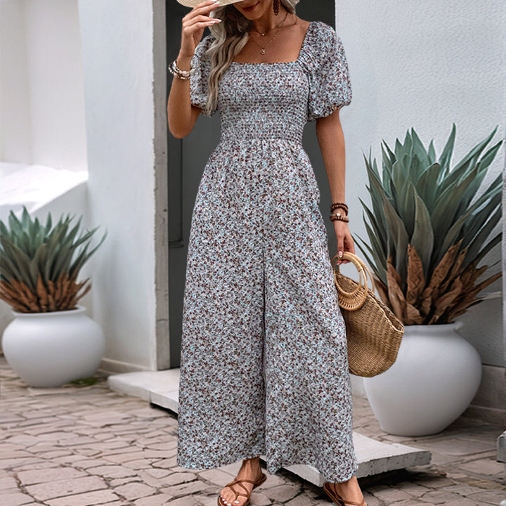Dame farverig blomster sommer overall med puffærmer Stilla