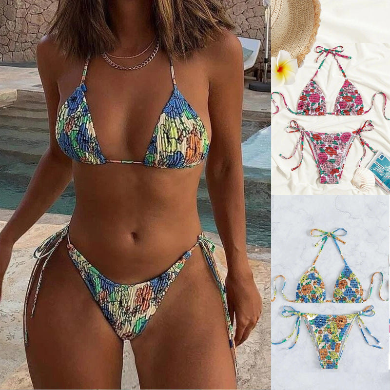 Dame triangel-bikini med blomstret design og justerbare bindebånd Skovae