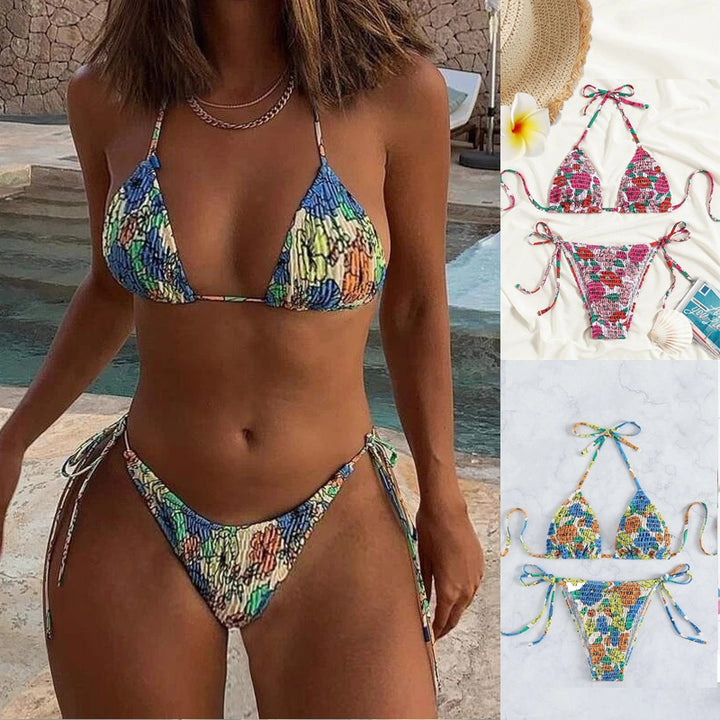 Dame triangel-bikini med blomstret design og justerbare bindebånd Skovae