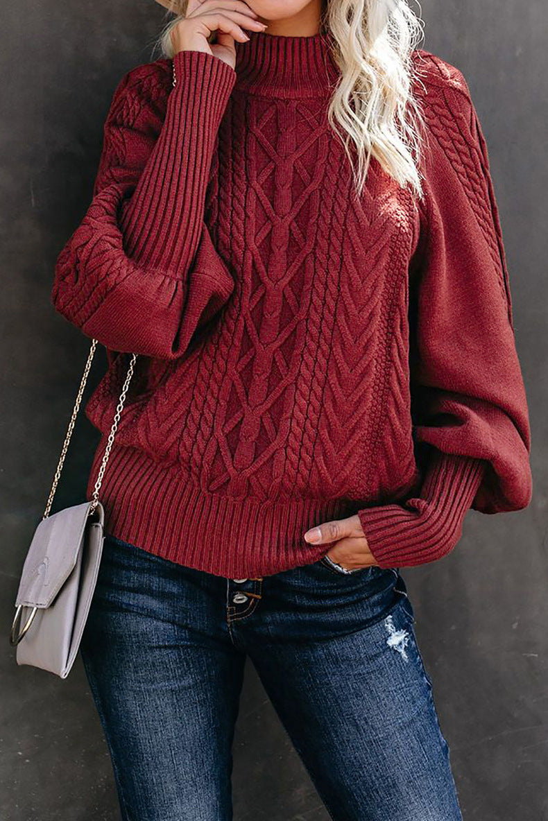 Kvinders strikket sweater med opretstående krave og kabelmønster Stilla