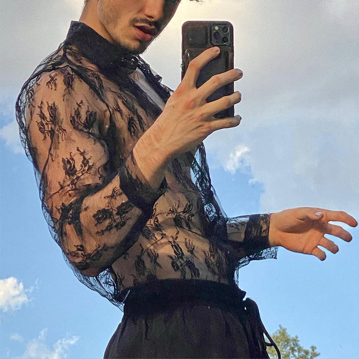 Dame gennemsigtig bluse med blomstret mønster og elegant krave Stilla