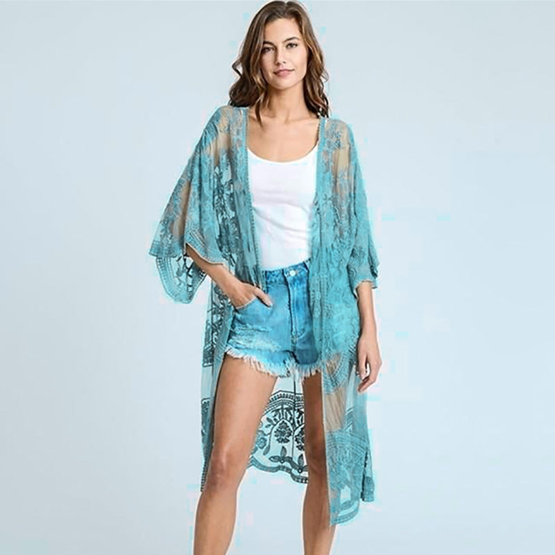 Dame Elegant Hækle-Kimono med florale Detaljer Stilla