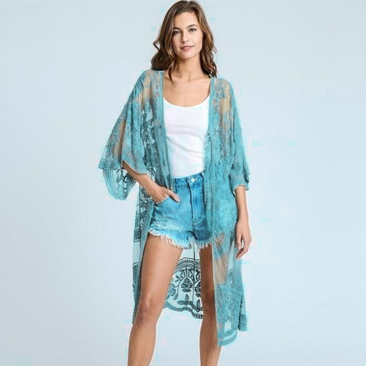 Dame Elegant Hækle-Kimono med florale Detaljer Stilla