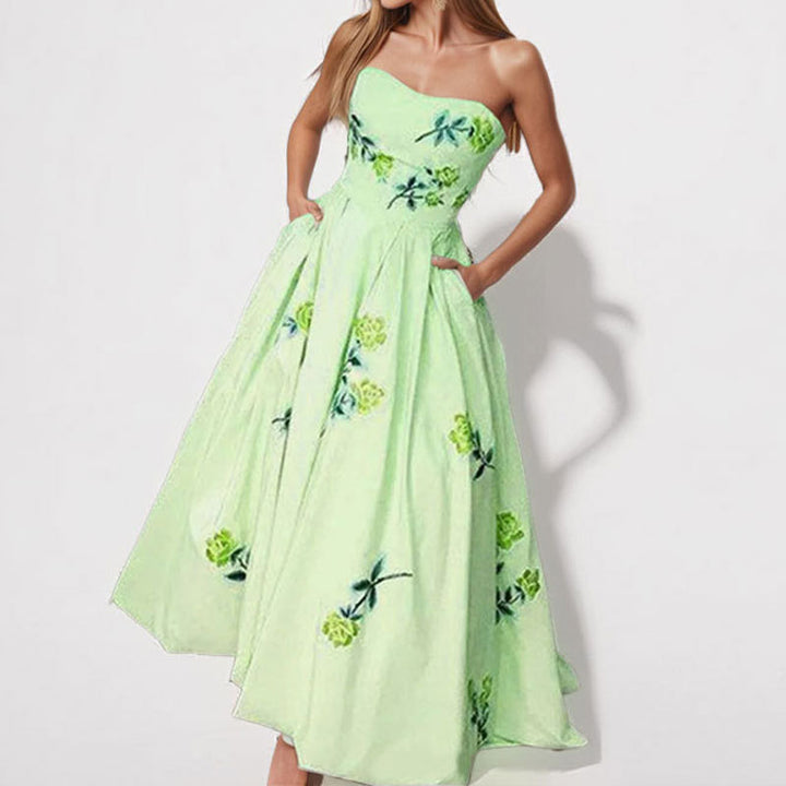 Damer Elegant Strapless Maxi Kjole med Blomsterdesign og Sidelommer Stilla