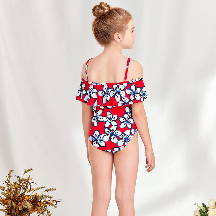 Dame Éntlig badedragt med skulderfri design og florale flæseelementer Stilla