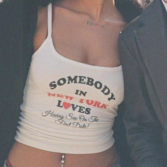 Dame Spaghetti-strop Top med urban slogan Skovae