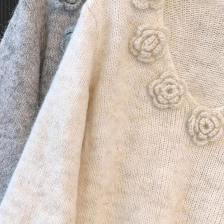 Dame strikket trøje med blomstermotiver Stilla
