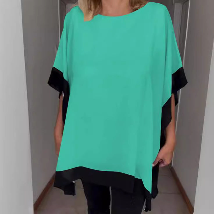 Dame Stilfuld Batik-bluse med bølget kant og kontrasterende ærmer Stilla