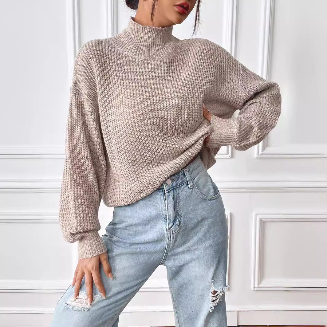 Dame Oversized Strikpullover med Rullekrave og Struktureret Mønster Stilla
