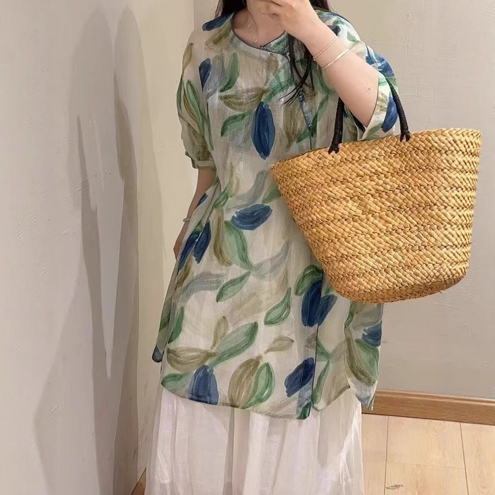 Dame Floral Broderet Linned Tunika Stilla