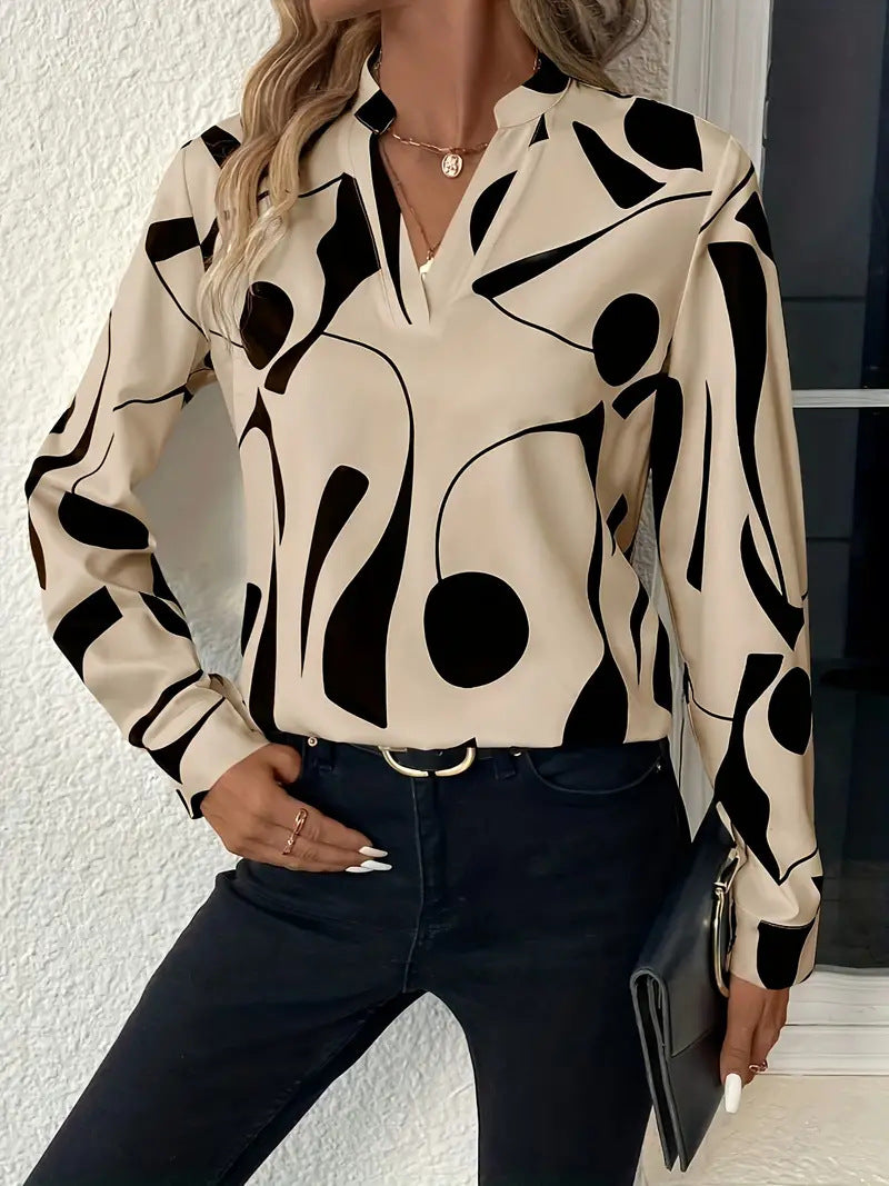 Dame Mode Bluse med grafisk design og fin stående krave Stilla