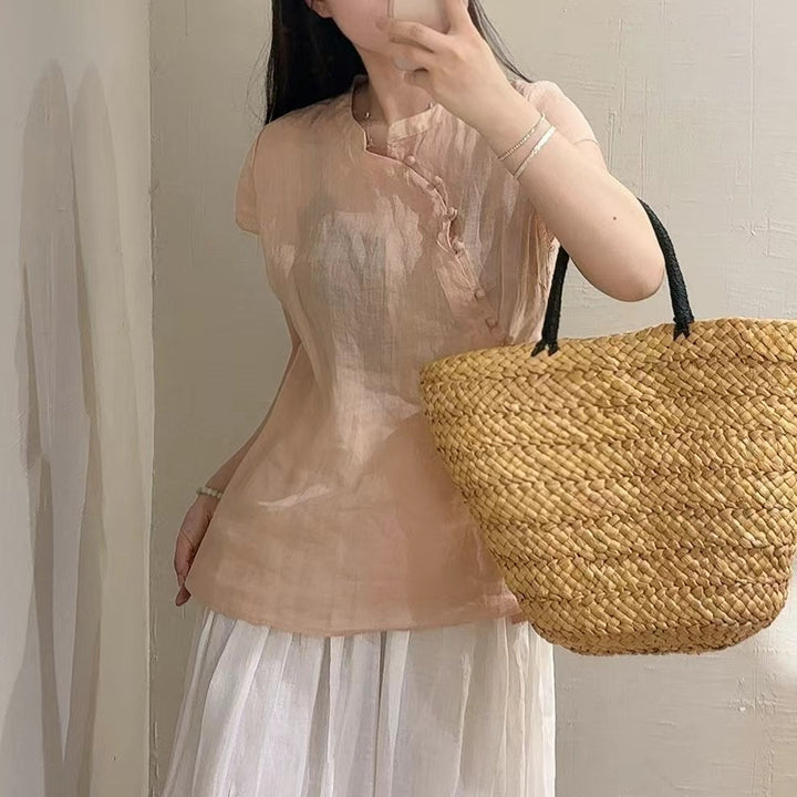 Femme Stilfuld Kortærmet Linned-Top Stilla