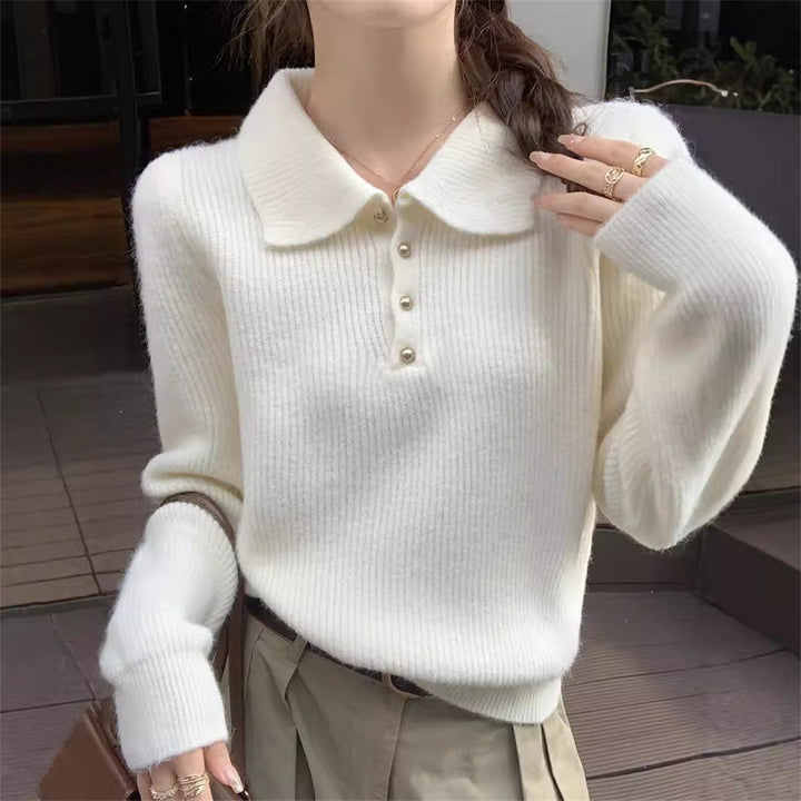 Dame Elegant Polo Krave Sweater lavet af Blødt Strik Stilla