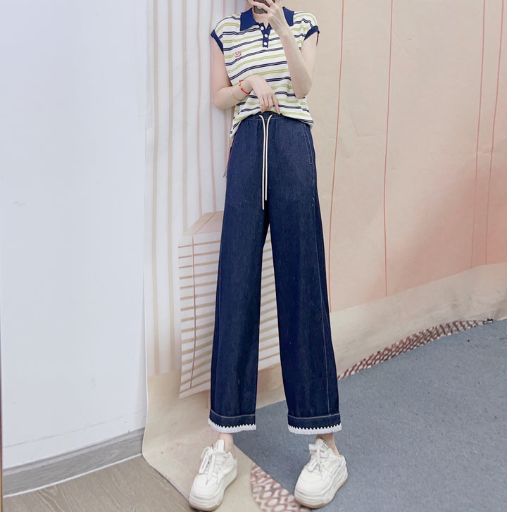 Dame Bred Denim Bukser med elastisk Talje og Dekorativ Bund Stilla