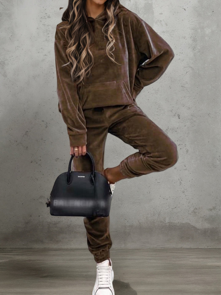 Damer sporty fleece sæt med hætte og elastisk linning Stilla
