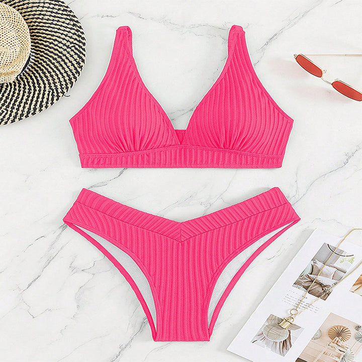 Damer Højskåret Bikini-Sæt med stribet design og dyb V-hals Stilla