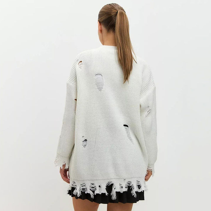 Dame oversized strikpullover med frynset detaljer og afslappet struktur Stilla