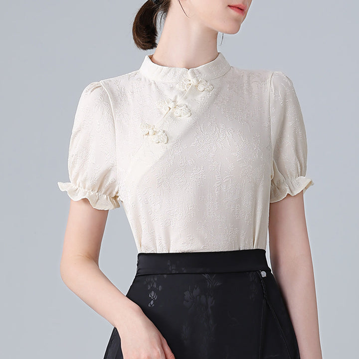 Dame Elegant Bluser T-shirt med asymmetrisk krave og floral struktur Stilla