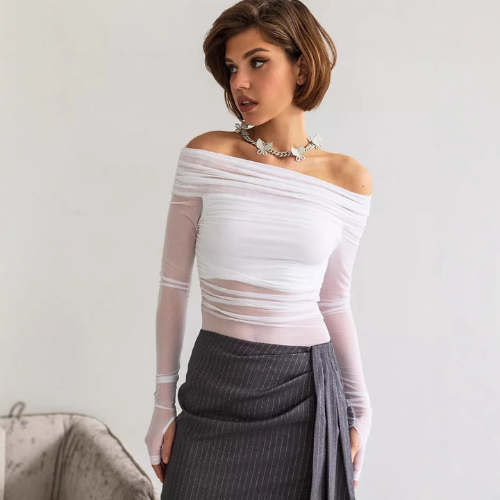 Dame Off-Shoulder Langærmet T-shirt i let gennemsigtigt stof med raffineret draperingseffekt Skovae