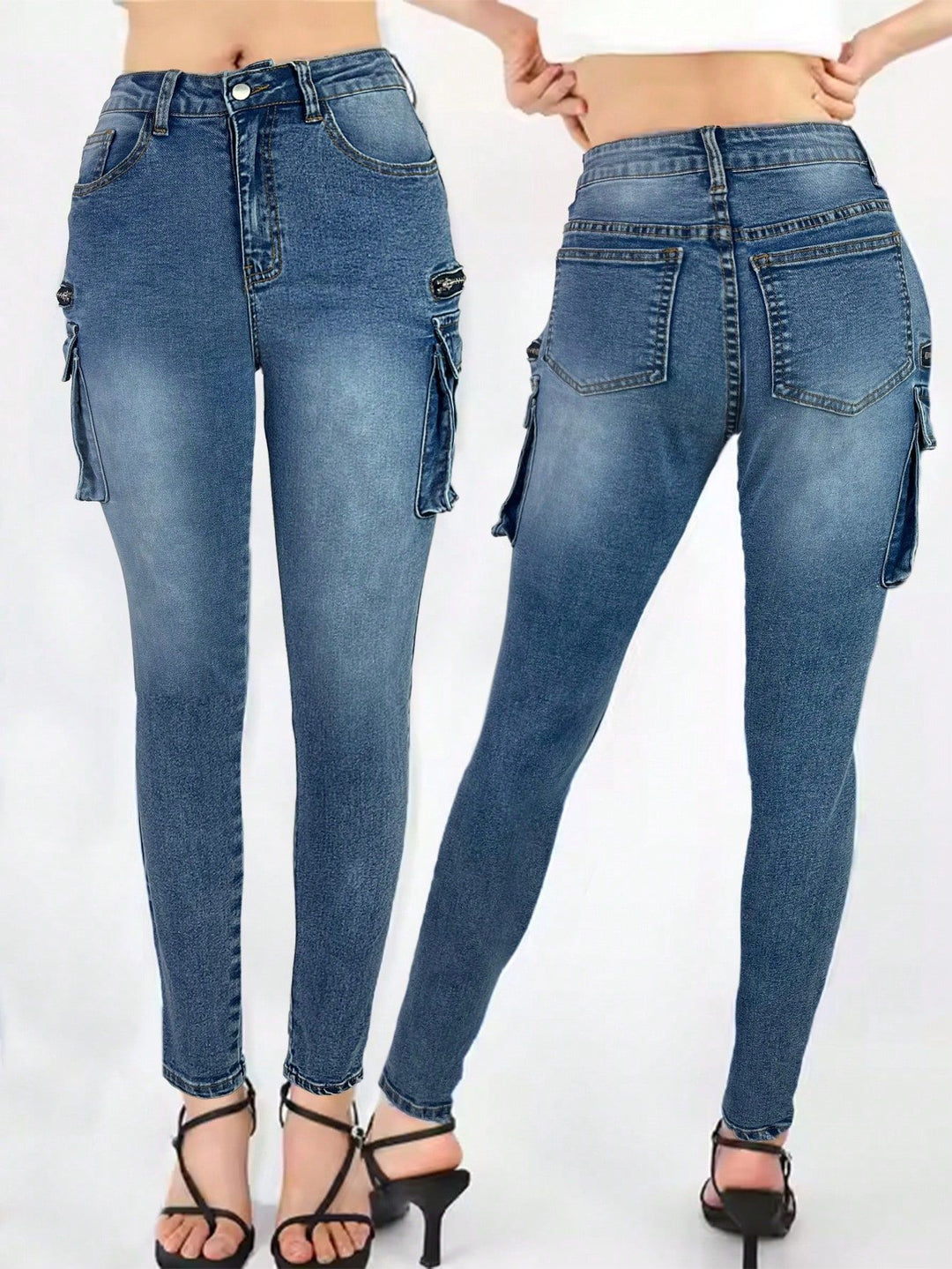 Dame Cargo-Jeans med høj talje og praktiske lynlåslommer Stilla