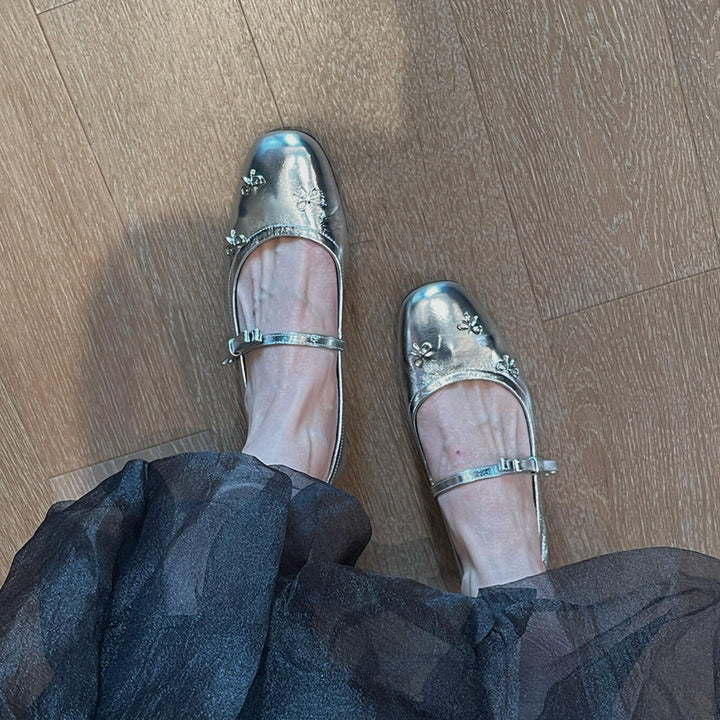 Dame Floral-dekorerede Metallic Mary Jane Flats Stilla