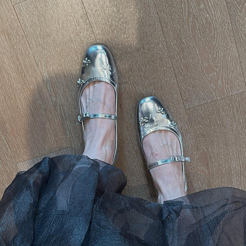 Dame Floral-dekorerede Metallic Mary Jane Flats Stilla