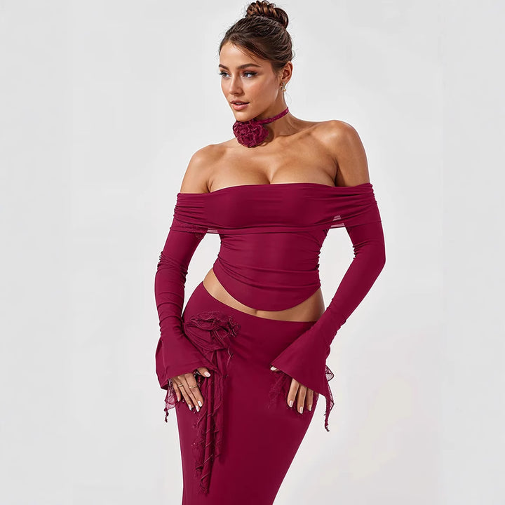 Dame Elegant Off-Shoulder Sæt med dekorerede ærmer og feminint detalje Stilla