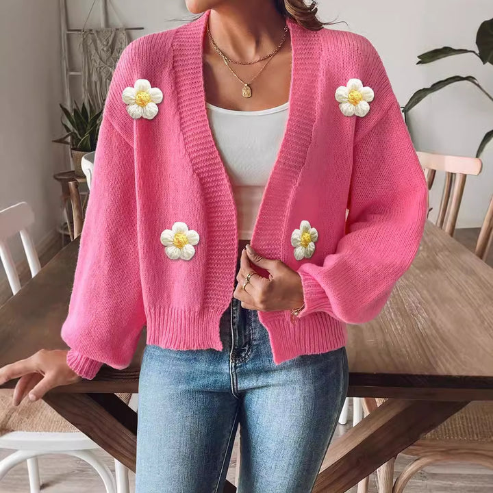 Damer afslappet strik cardigan med blomsterdetaljer og bred pasform Stilla