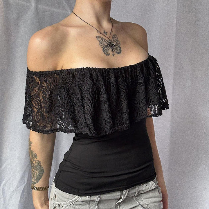 Damer Off-Shoulder Overdel med flæsedetaljer og elegante spidsakcentuer Skovae